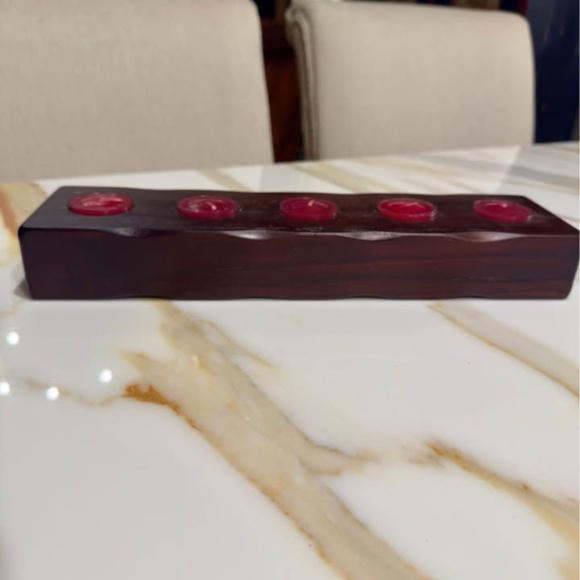 New Vintage Big Sky Natural Wood 5 Tea Light Holder w/5 New Burgundy Tea Candles - Picture 6 of 6